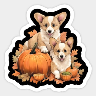 Cute Corgi Pumpkin Autumn Leaves Happy Thanksgiving Sticker